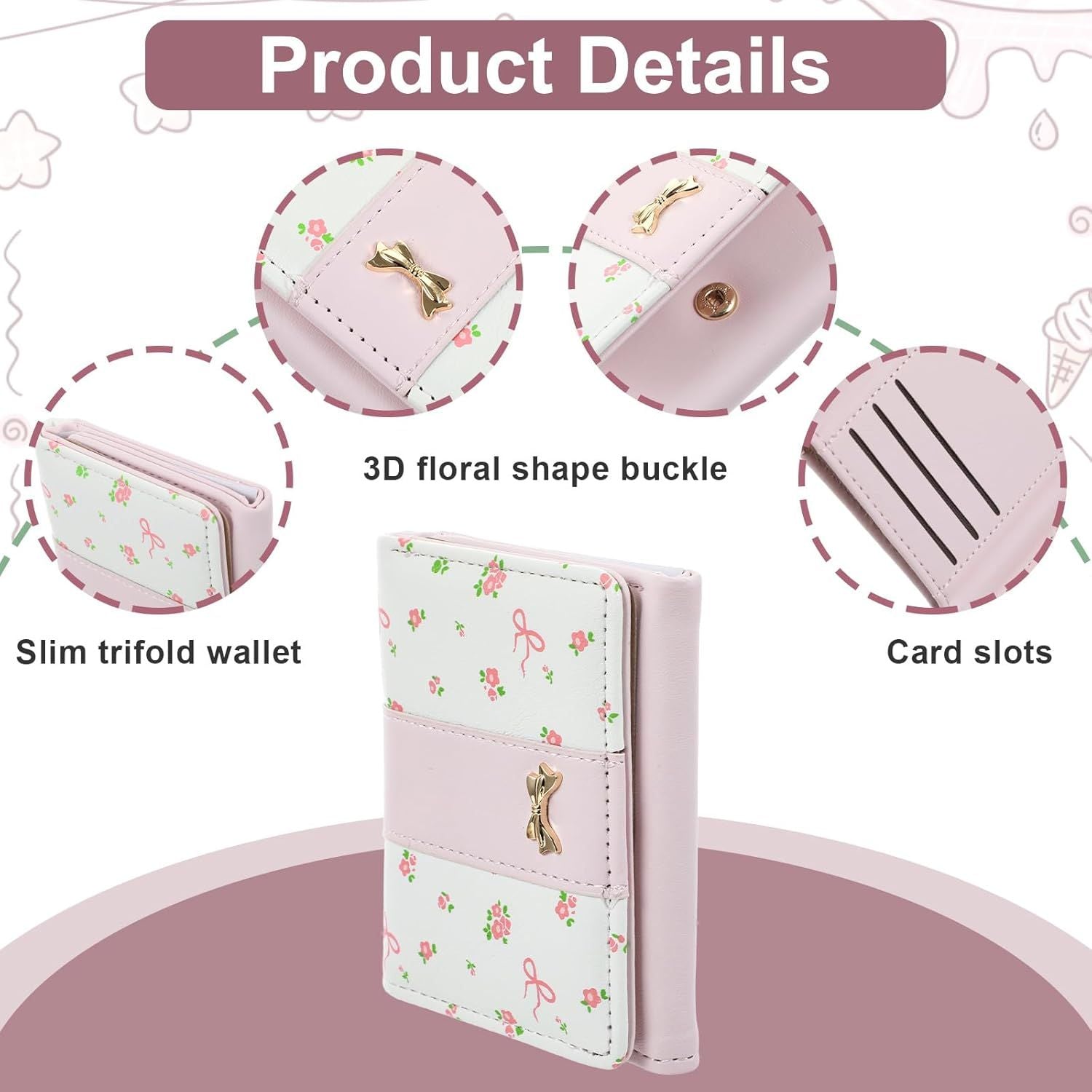 Pink Wallet for Women Floral Coquette Small Bow Wallet Cute Bifold Zipper Purse Aesthetic Credit Card Holder Purse Mini Kawaii Coin Purse with ID Window
