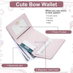 Pink Wallet for Women Floral Coquette Small Bow Wallet Cute Bifold Zipper Purse Aesthetic Credit Card Holder Purse Mini Kawaii Coin Purse with ID Window