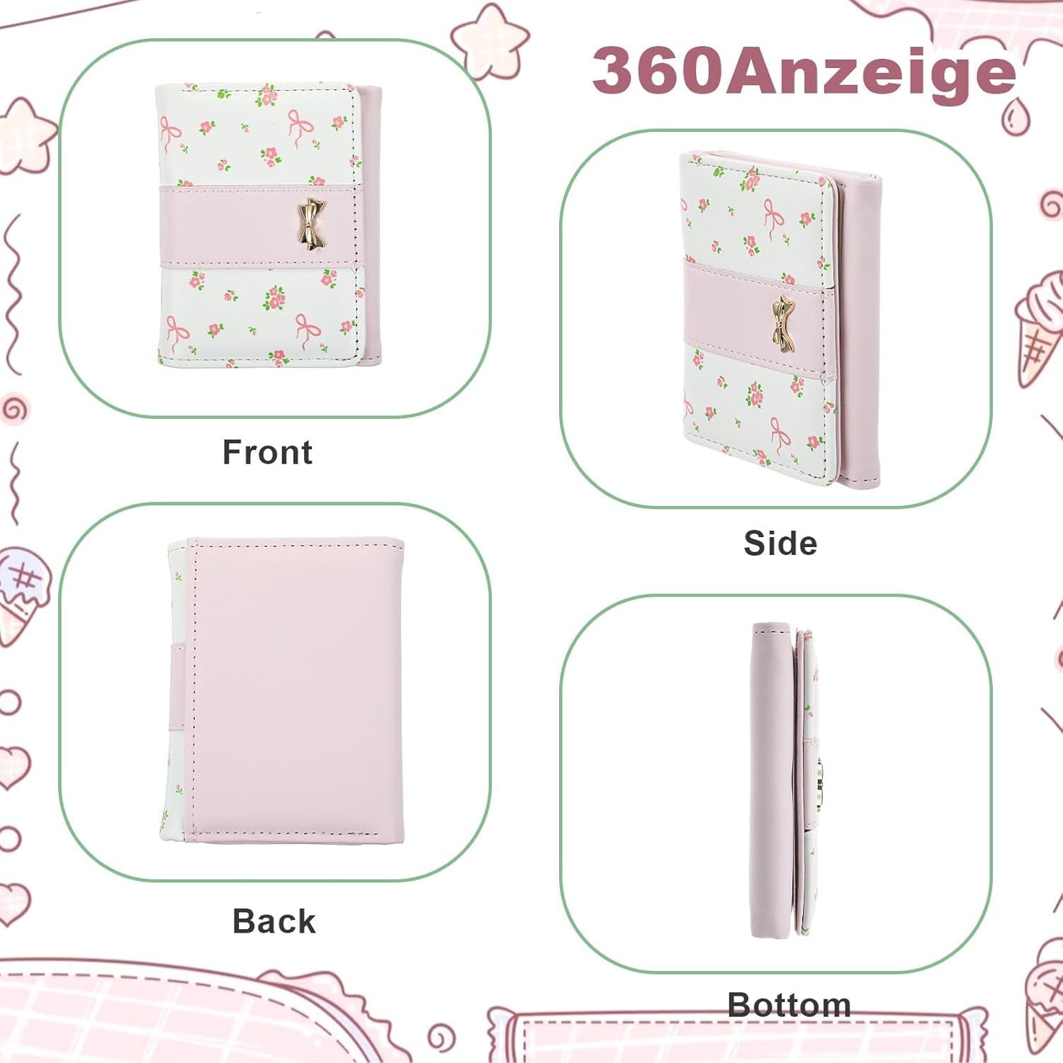 Pink Wallet for Women Floral Coquette Small Bow Wallet Cute Bifold Zipper Purse Aesthetic Credit Card Holder Purse Mini Kawaii Coin Purse with ID Window