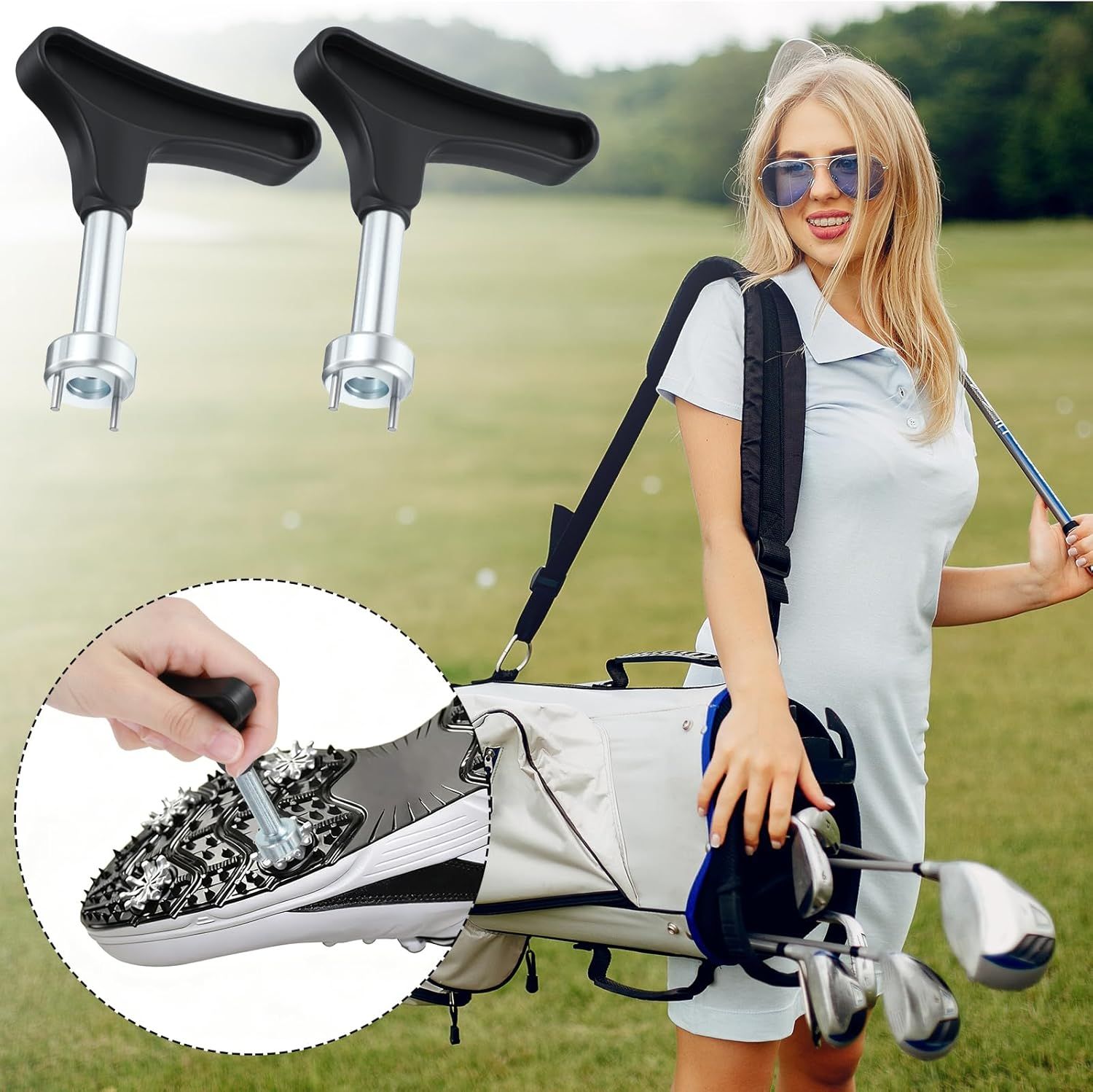 2 Pcs Golf Spike Removal Tool, Stainless Steel Golf Shoe Spikes Wrench, Multifunction Golf Wrench, Adjustment Cleat Key Remover for Spike Shoes (Universal, Black)
