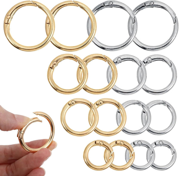 16 Pcs Spring O Ring Clips, Metal Key Ring Clips, Round Carabiner Clip, Small Keychain Clip for Keys, Buckle, Handbag, Bag Purse, Mini Keyring, Replacement Paracord Keychain (Gold, Silver)