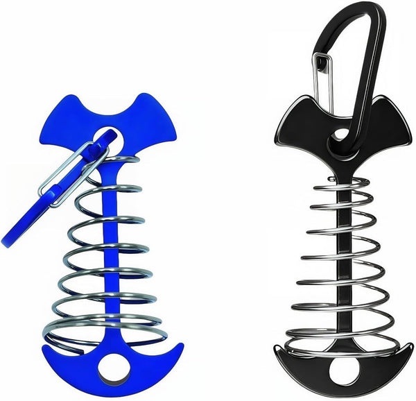 Fishbone SpringTent Peg Portable Windproof Anchors,Aluminum Tent Stakes with Carabiner for Camping Deck, Spring-Loaded Gutter Hook for Tarp,Adjustable Gap Stake for Outdoor Canopy (Blue and Black)