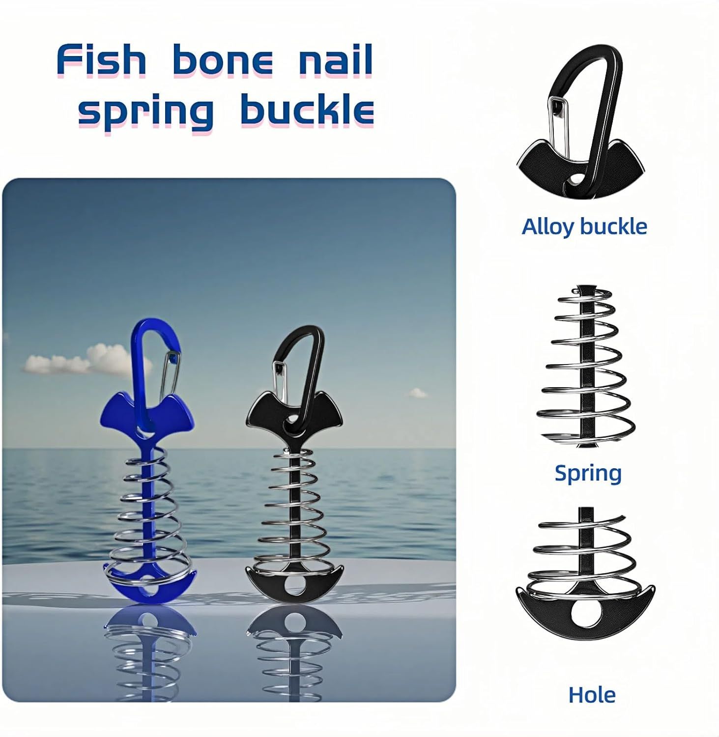 Fishbone SpringTent Peg Portable Windproof Anchors,Aluminum Tent Stakes with Carabiner for Camping Deck, Spring-Loaded Gutter Hook for Tarp,Adjustable Gap Stake for Outdoor Canopy (Blue and Black)