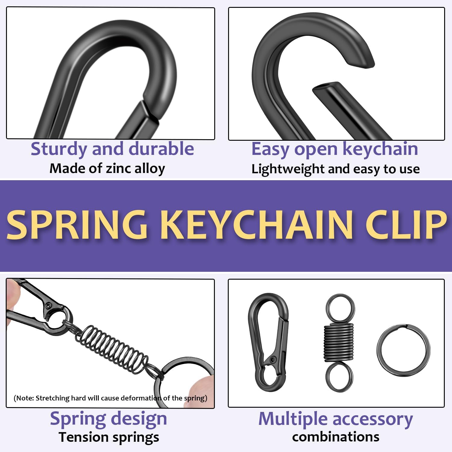 4Pack Small Carabiner Keychain, Spring Keyring Holder Organizer Clips, Metal Snap Hook Clip for Car Key Chain, Keyrings Holder, Purse Hook, Paracord Keychain Lanyard, Men and Women Key Fob (Black)