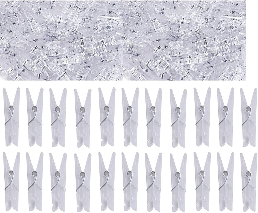 Yansanido 100pcs Mini Clear Plastic Utility Paper Clip, Clothespins Clips, Clothes Line String Clips, mini Clothes Pins for Photo for String Fairy Lights Color Clear(100pcs Clear Plastic Clips)