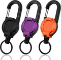 Retractable Keychain 3 Pack, Heavy Duty ID Badge Holder Reel, Multitool Carabine Key Holder for Keychain, Badge Holder with 25.6" Steel Retractable Cord Key Ring Clip, 8.8 oz (Black+Purple+Orange)