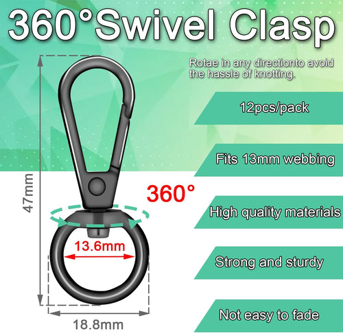 1/2 Inch Lobster Claw Clasp Swivel Snap Hook for Purse, 12 Pack Metal Swivel Lobster Clasps Purse Bag Strap Hardware Making Lanyard Hooks Keychain Clip, GunBlack