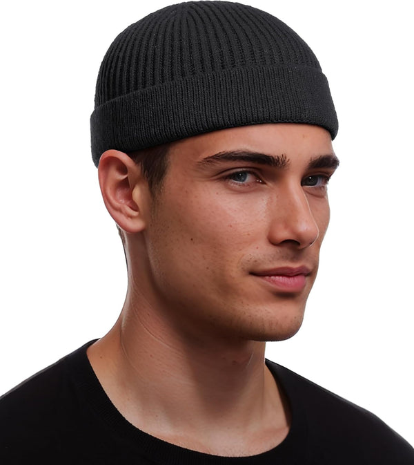 Thin Wool Fisherman Beanie for Men Women, Short Knit Cuff Trawler Watch Hats
