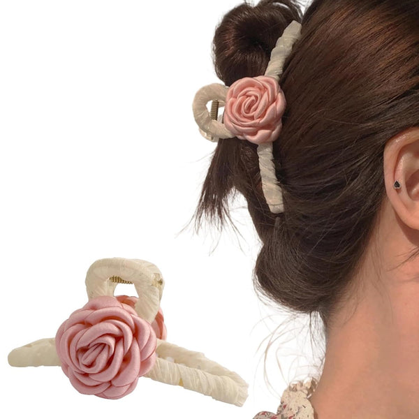 Elegant White Hair Claw Clip with Pink Glossy Camellia for Girls Women, Rose Floral Spring Hair Accessory (Pink)