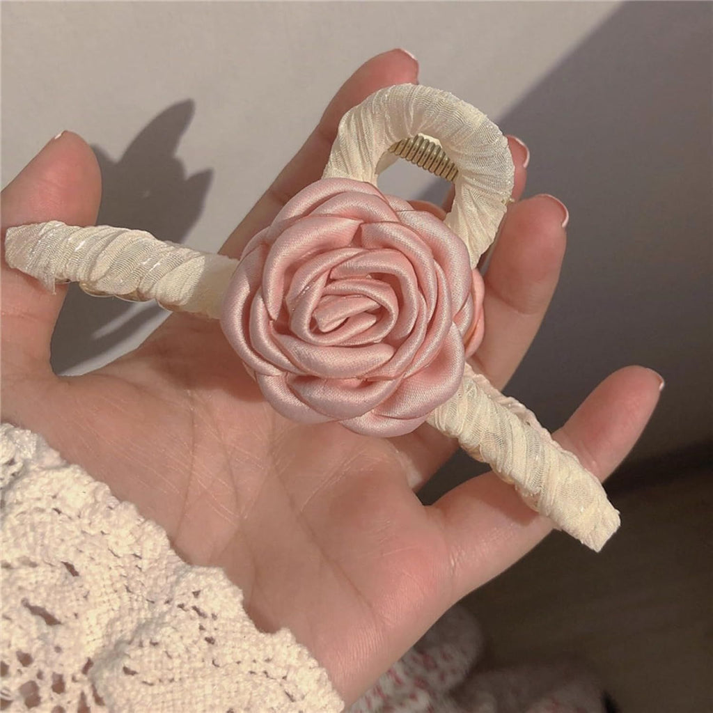 Elegant White Hair Claw Clip with Pink Glossy Camellia for Girls Women, Rose Floral Spring Hair Accessory (Pink)