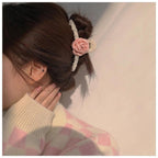 Elegant White Hair Claw Clip with Pink Glossy Camellia for Girls Women, Rose Floral Spring Hair Accessory (Pink)