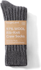 97% Merino Wool Crew Socks for Men & Women 2 Pairs – Classic Rib, Thick Wool Socks for Hiking, Work, Ski