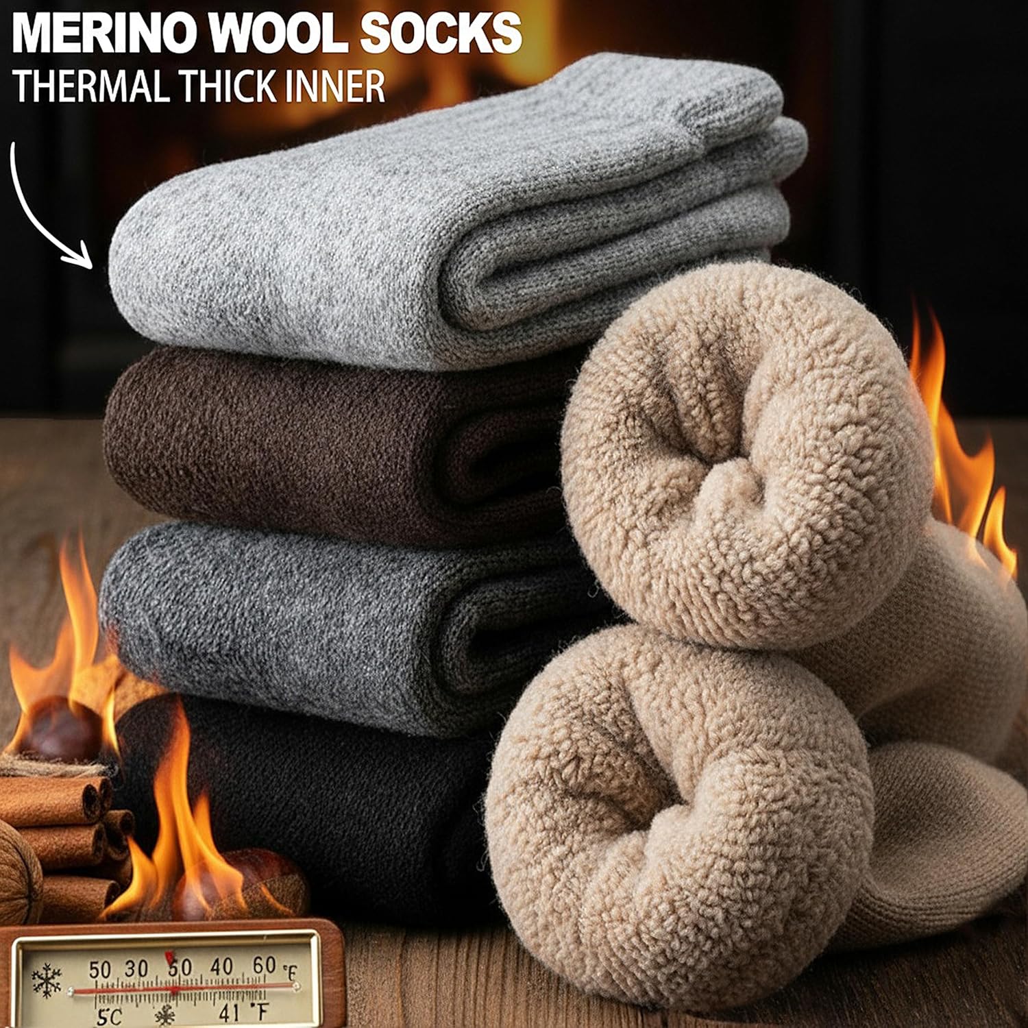 Men Merino Wool Socks Super Thick Thermal Hiking Winter Warm Boot Heavy Soft Cozy Socks for Cold Weather