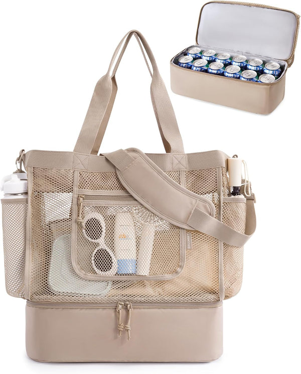 Beach Bag for Women, Mesh Tote Bags with Zipper, Sandproof Vacation Essentials with Cooler for Swim Cruise Pool