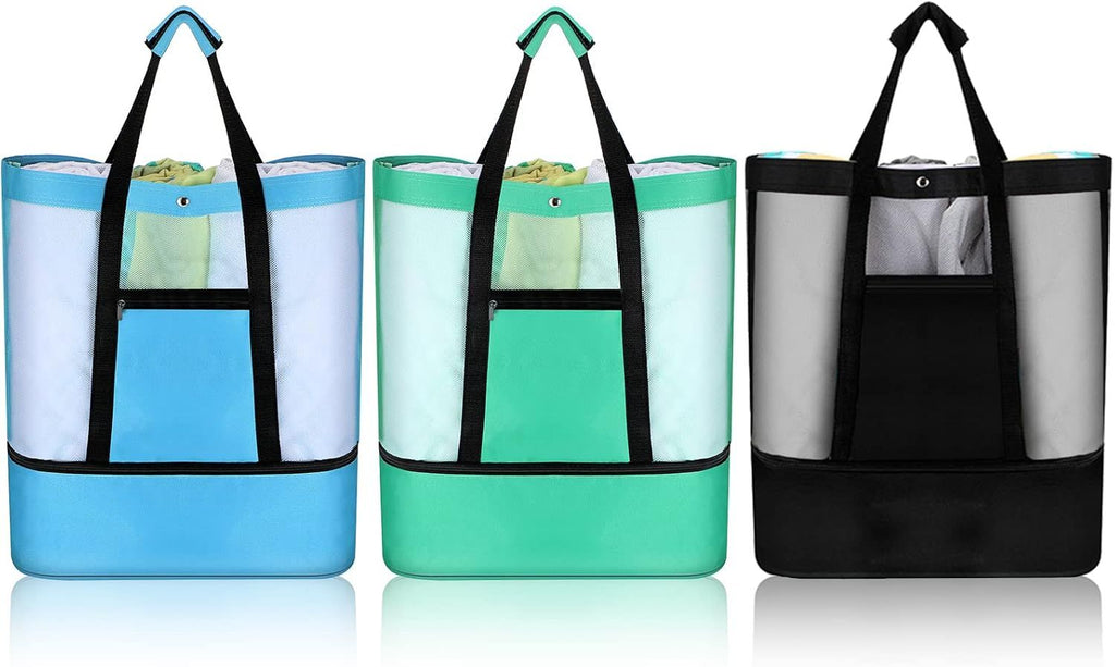 3 Pcs Beach Bag with Cooler Mesh Beach Tote with Insulated Cooler and Pocket Waterproof Sandproof Beach Tote Bag Swim Pool Bag for Women Summer (Black, Blue and Green)