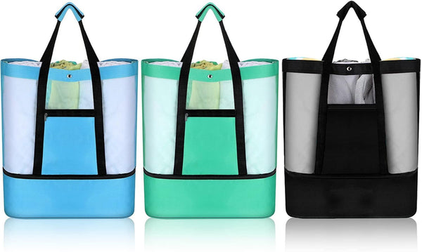 3 Pcs Beach Bag with Cooler Mesh Beach Tote with Insulated Cooler and Pocket Waterproof Sandproof Beach Tote Bag Swim Pool Bag for Women Summer (Black, Blue and Green)