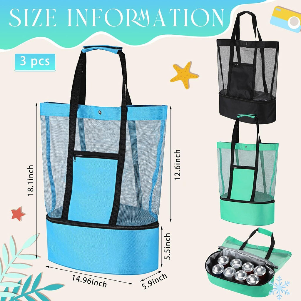 3 Pcs Beach Bag with Cooler Mesh Beach Tote with Insulated Cooler and Pocket Waterproof Sandproof Beach Tote Bag Swim Pool Bag for Women Summer (Black, Blue and Green)