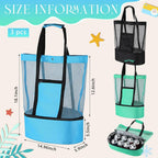 3 Pcs Beach Bag with Cooler Mesh Beach Tote with Insulated Cooler and Pocket Waterproof Sandproof Beach Tote Bag Swim Pool Bag for Women Summer (Black, Blue and Green)