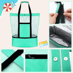 3 Pcs Beach Bag with Cooler Mesh Beach Tote with Insulated Cooler and Pocket Waterproof Sandproof Beach Tote Bag Swim Pool Bag for Women Summer (Black, Blue and Green)