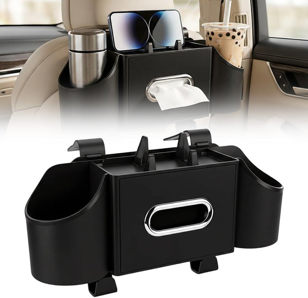 4-in-1 Car Backseat Organizer with Cup Holder, 2026 Upgraded Multifunctional Car Back Seat Organizer with Tissue Box, Trash Bin & Hooks for Hold Phones, Snacks, Drinks, and Handbags (Black)