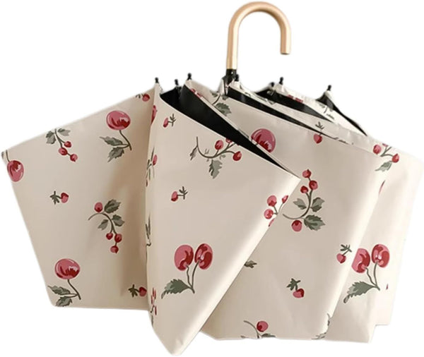 Portable Cherry Sun Umbrella with UPF50+ UV Protection, Foldable Compact Sun & Rain Travel Umbrellas with Curved Hook