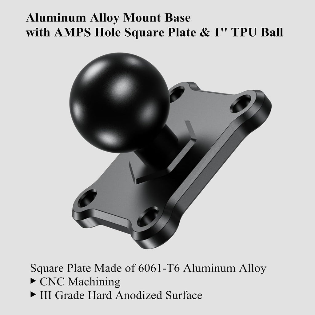 1'' Ball Mount Base with Aluminum Alloy 4-Hole AMPS Square Plate Compatible with RAM Mounts B Size 1 Inch Ball Double Socket Arm
