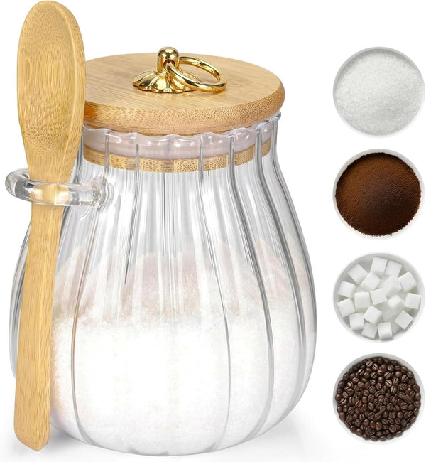Sugar Container with Bamboo Lid and Spoon,15 oz Sugar Bowl Glass Jar for Coffee Bar Accessories Coffee Canister Kitchen Decor Housewarming Gift Christmas Refillable Design