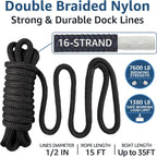 Boat Dock Lines 1/2" x 15' - Double Braided Nylon Boat Ropes for Docking with 12" Loop, Marine-Grade High Strength Boat Lines Dock Rope, Premium Marine Rope Mooring Lines, Easy Handling - 4 Pack,Black