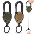Retractable Gear Tether 4-Pack - Stainless Steel Cable Keychain Reel for Outdoor Fishing Hiking - Auto Retracting Badge Holder with Carabiner Clip - Black Khaki Green White