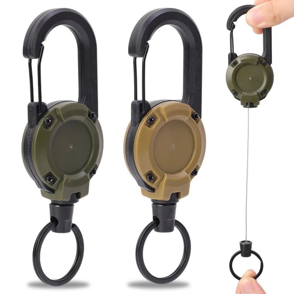 Retractable Gear Tether 4-Pack - Stainless Steel Cable Keychain Reel for Outdoor Fishing Hiking - Auto Retracting Badge Holder with Carabiner Clip - Black Khaki Green White