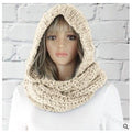 Women Winter Hooded Knit Scarf - Warm Solid Color Cape Scarf Wrap with Hood - Soft Acrylic Winter Neck Warmer for Cold Weather - Beige