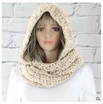 Women Winter Hooded Knit Scarf - Warm Solid Color Cape Scarf Wrap with Hood - Soft Acrylic Winter Neck Warmer for Cold Weather - Beige