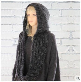 Women Winter Hooded Knit Scarf - Warm Solid Color Cape Scarf Wrap with Hood - Soft Acrylic Winter Neck Warmer for Cold Weather - Black