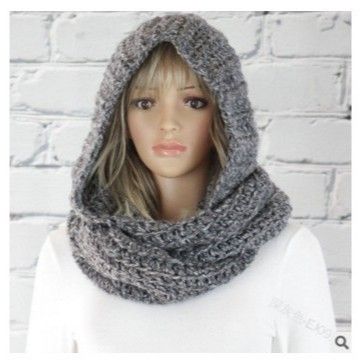 Women Winter Hooded Knit Scarf - Warm Solid Color Cape Scarf Wrap with Hood - Soft Acrylic Winter Neck Warmer for Cold Weather - Dark Gray
