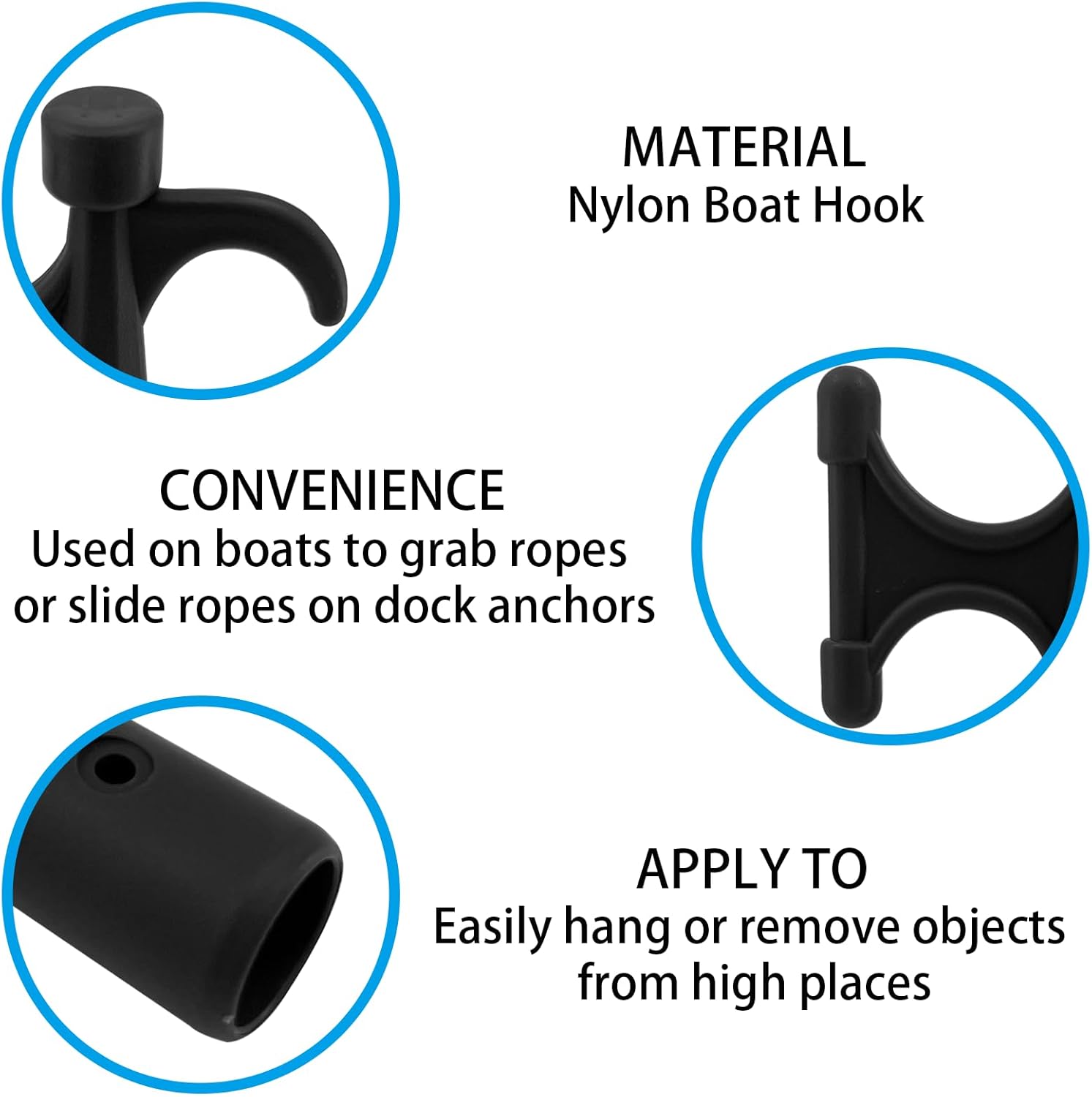 2Pcs Nylon Boat Hook Floating,Hook for Extension Pole,Unbreakable,Durable,Rust-Resistant Replacement Attachment End Mooring Yacht Kayak,Black