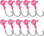 10-Pack Round Fishing Jig Heads, Bass Ball Jigs Hooks 3D Eyes High Carbon Steel 1/8-1/2OZ Pompano Head Saltwater Freshwater Heads for Trout Walleye Striper Pink 1/4oz