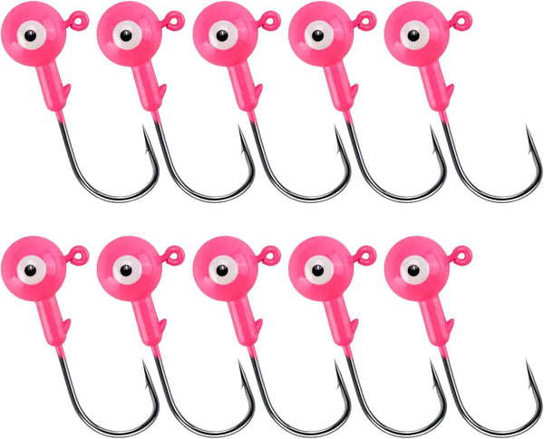 10-Pack Round Fishing Jig Heads, Bass Ball Jigs Hooks 3D Eyes High Carbon Steel 1/8-1/2OZ Pompano Head Saltwater Freshwater Heads for Trout Walleye Striper Pink 1/4oz