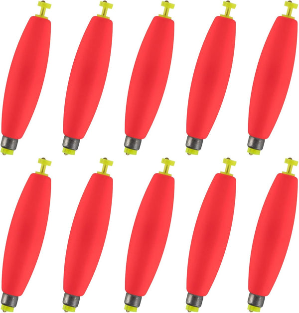 10-Pack Fishing Bobbers Floats, Weighted for Cigar EVA Foam Snap-on Floats Corks Floaters Buoys Crappie Bass Panfish Bluegills Trout Red 1.4IN - 3/32OZ