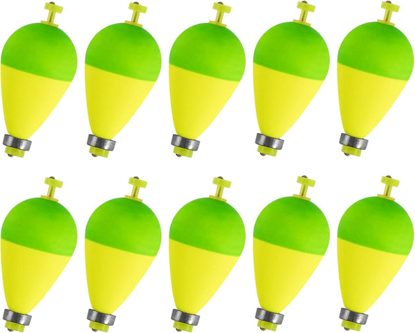 10 Pack Fishing Bobbers Floats, Weighted for Pear Shape EVA Foam Oval Snap-on Floats Corks Floaters Buoys Crappie Bass Panfish Bluegills Trout Yellow&Green 1.6IN - 9/32OZ
