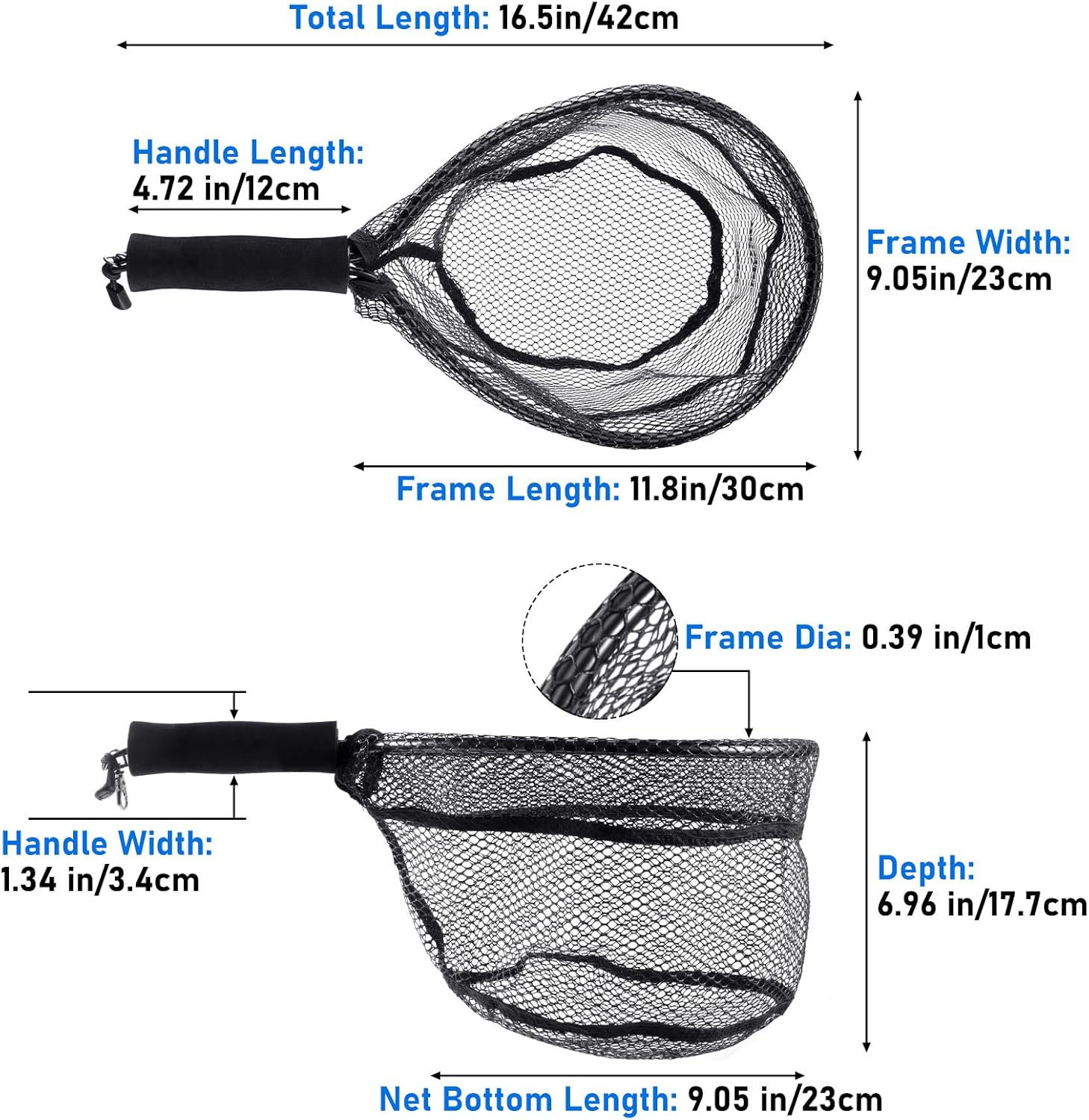Fly Fishing Net with EVA Handle, Ice Landing Nets CNC Aluminum Alloy Frame, Rubber Coated Mesh Trout Kayak for Crappie Bass Sunfish Bulegill Panfish Black