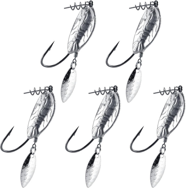 5-Pack Weighted Swimbait Hooks with Underspin, Pin Spring Fishing Hook Willow Spinner Blades Silver Gold, 1/7-3/8oz Bass Swivels Spinnerbait Weedless for Soft Lures 1/7oz