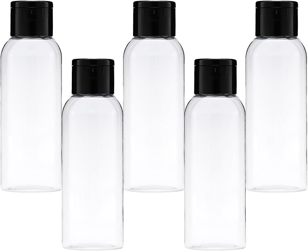 5-piece travel bottle set with flip-cap, 60 ml refillable plastic bottles, empty dispenser for shampoo, travel size, lotion, essential oils, makeup remover, transparent and leak-proof