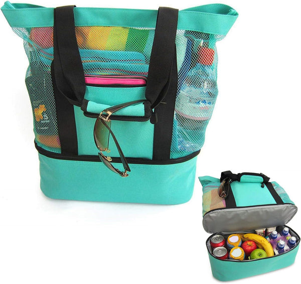 Mesh Beach Bag with Cooler Bag, Large Mesh Beach Tote Bags, Cooler Bags Insulated for Travel, Beach Toys Bag, Summer Vacation Travel Essentials for Women Kids, for Picnic Pool Travel
