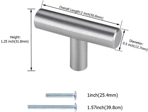 10 Pack Brushed Nickel Cabinet Knobs Cabinet Hardware - Brushed Nickel Drawer Knobs Kitchen Cabinet Knobs T Bar Drawer Pull Knobs 1/2 inch Diameter Overall Length 50mm