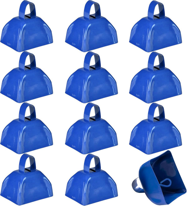 Metal Cowbells - Blue 3 Inch Cow Bells Noise Makers, Loud Call Bell with Handles for Sporting Events, Cheering, Team Spirit, Noisemakers, Weddings, (Pack of 12)
