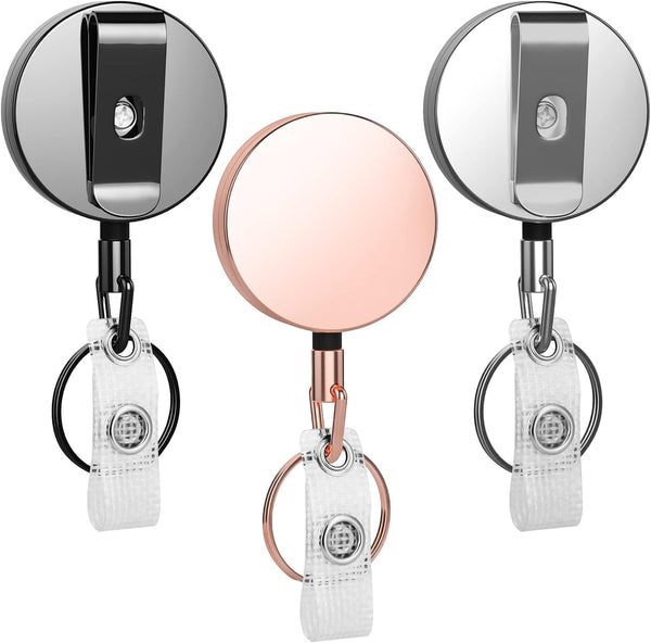 Metal Badge Reels - 3 Pcs Retractable Badge Holder with Belt Clip Key Ring for ID, Key, Name Card Holder