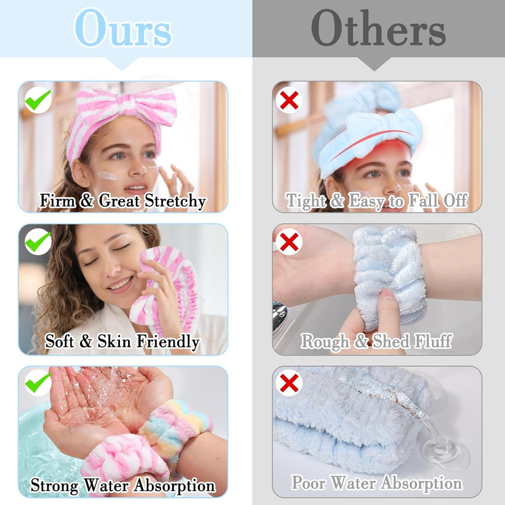 9PCS Spa Headband Kit for Women & Girls: Bowknot Makeup Headbands with Wristbands for Face Skincare, Bathing, Yoga (Pink, Blue, White)
