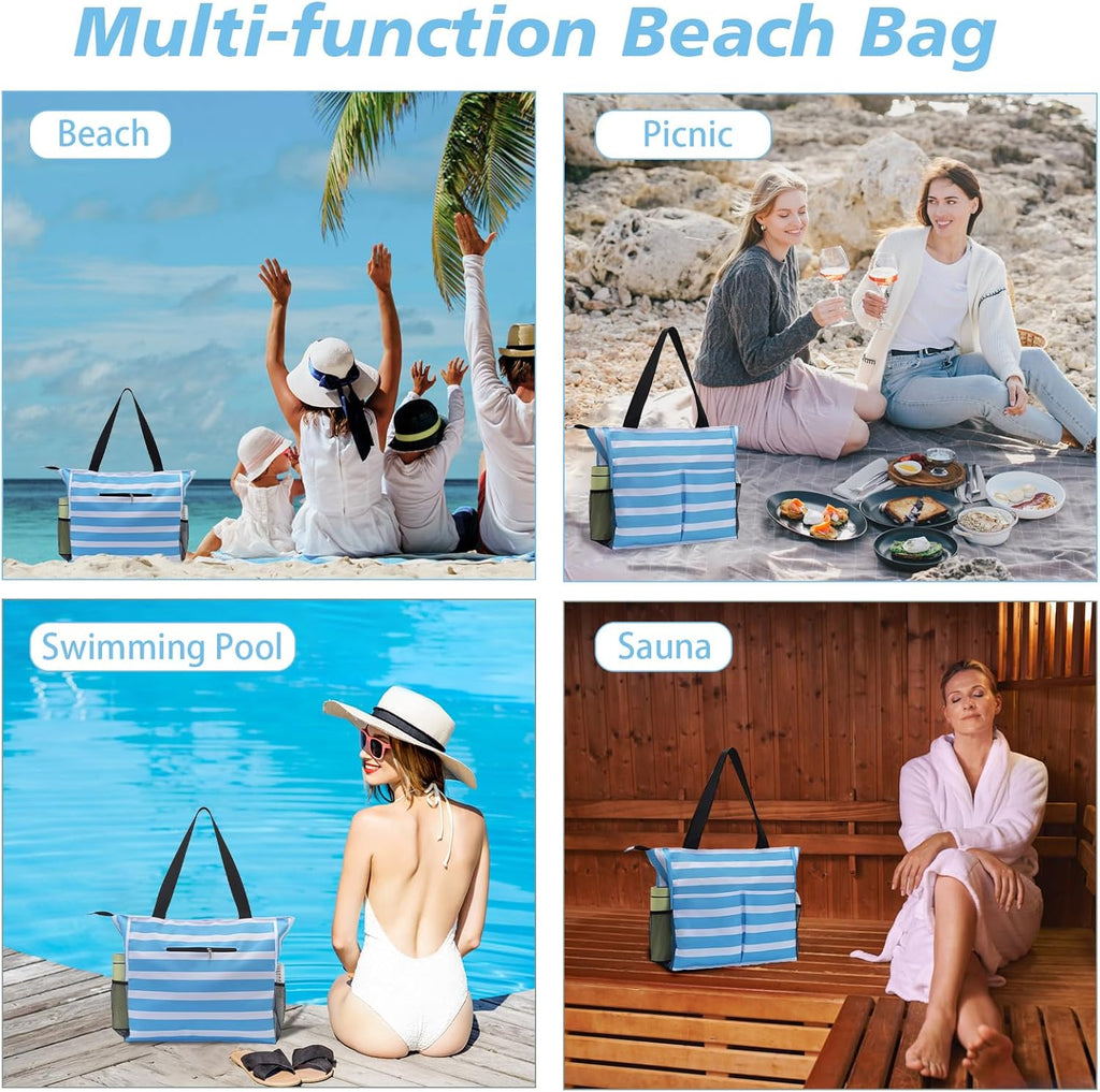 Jercery Waterproof Beach Bags for Women Vacation, Large Beach Tote Bag with Zipper for Travel, Pool, Swimming, Shopping