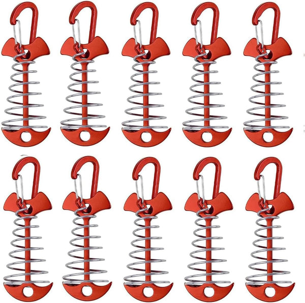 10 Pcs Fishbone Tent Stakes with Carabiners ， Aluminum Alloy & Stainless Steel Windproof Anchors with Carabiners， Deck Spring Tensioner for Camping Canopy, Hiking Gear，Essential for Mountain Climbing