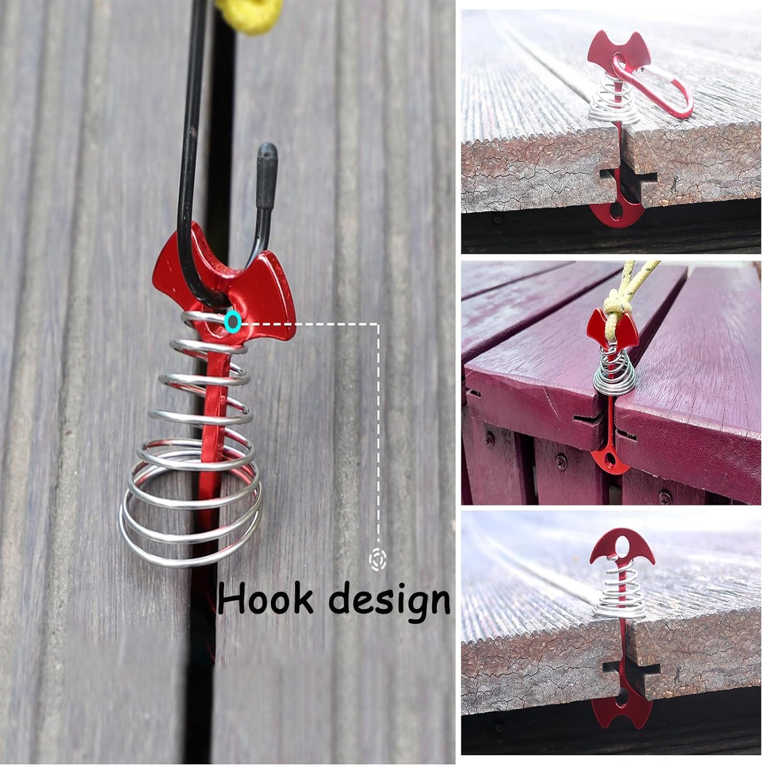 10 Pcs Fishbone Tent Stakes with Carabiners ， Aluminum Alloy & Stainless Steel Windproof Anchors with Carabiners， Deck Spring Tensioner for Camping Canopy, Hiking Gear，Essential for Mountain Climbing